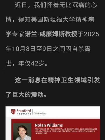 为什么美国斯坦福大学精神病学和行为科学副教授、医学博士诺兰·威廉姆斯自杀去世